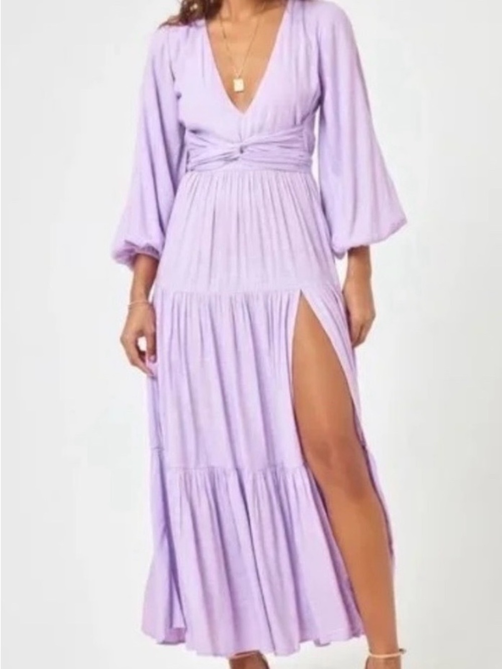 NWOT L*Space x Hanna Montazami Viscose Lilac Balloon sleeve Tiered Maxi Dress